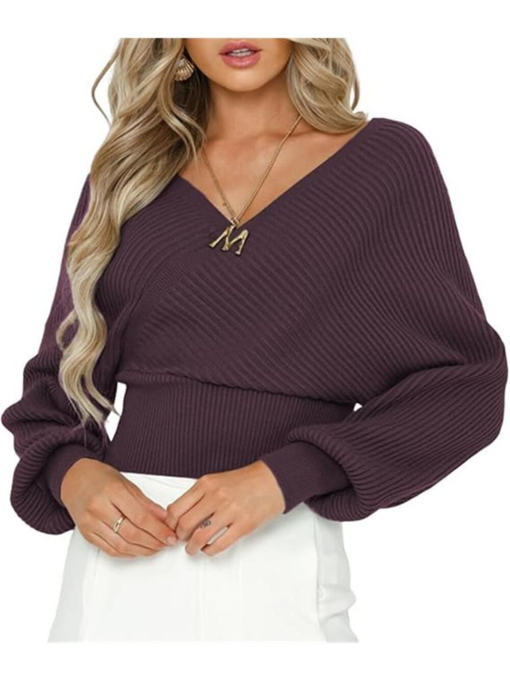 Women's V Neck Cropped Wrap Sweater Drop Shoulder Lantern Sleeve Top